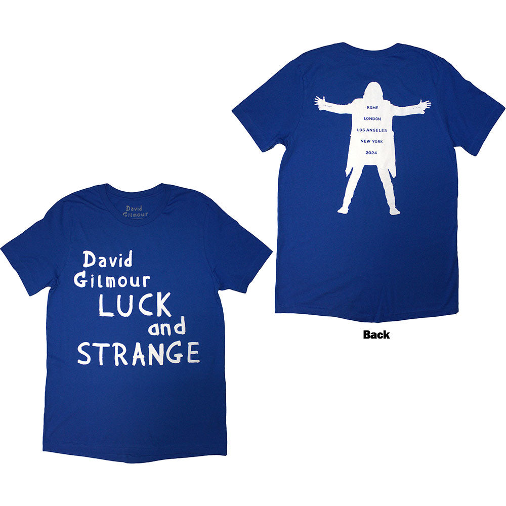 Blue t-shirt with David Gilmour’s “Luck & Strange” logo printed on the back.
