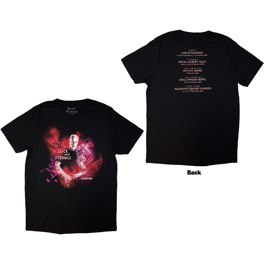 Black unisex t-shirt with David Gilmour's "Luck & Strange" London tour back print.