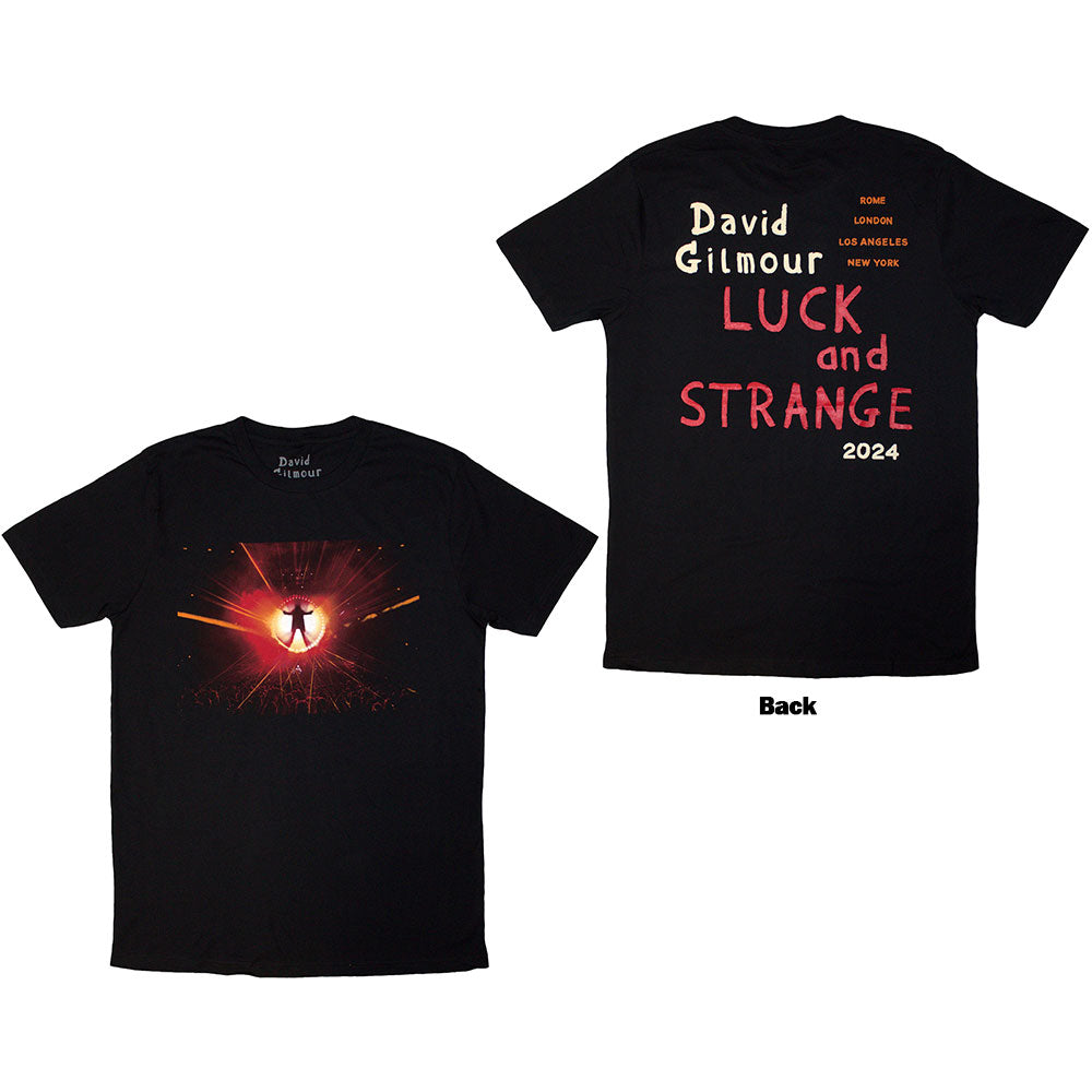 Black t-shirt with David Gilmour stage performance image on the back.