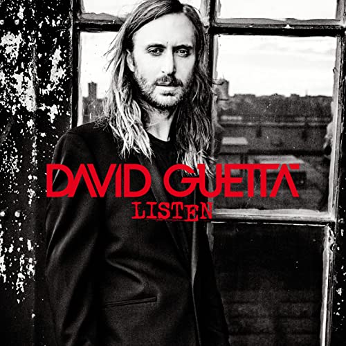 David Guetta album cover, "Listen", featuring the artist in front of a window.