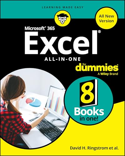Book cover: "Microsoft 365 Excel All-in-One For Dummies" with a woman at a computer.