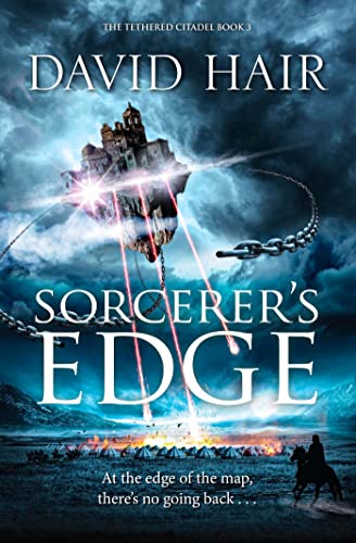 Book cover: floating castle, stormy sky, and a lone rider on horseback.