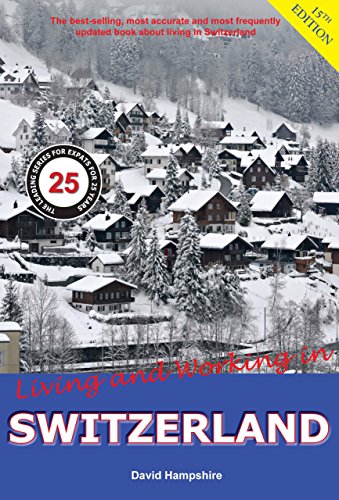 "Book cover featuring a snowy village scene with 'SWITZERLAND' in large white text on a blue background."