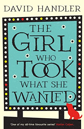 Book cover: turquoise text, black border, small red dog illustration.
