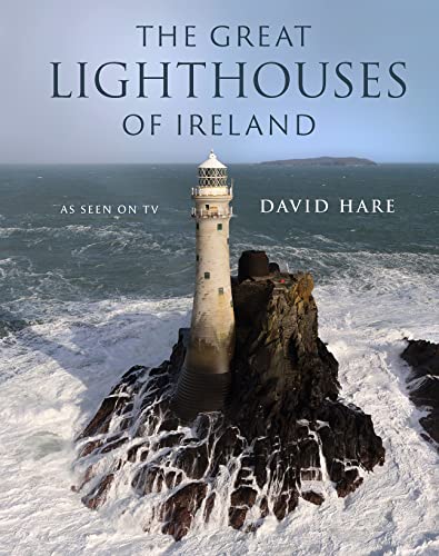 Book cover: white lighthouse on rocky island, stormy sea.