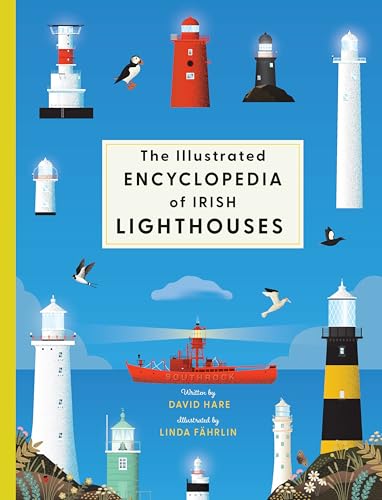 Book cover featuring various illustrated lighthouses, a red lightship, and birds on blue background.