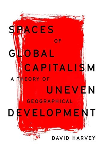 Book cover: red brushstroke background with white text, "Spaces of Global Capitalism.