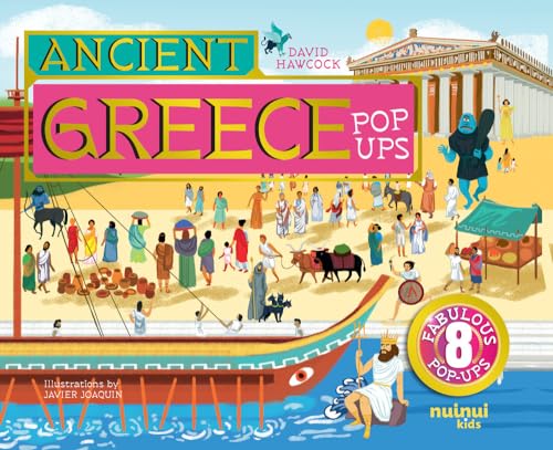 Book cover showing Ancient Greece with a ship, temple, and various illustrated historical figures.