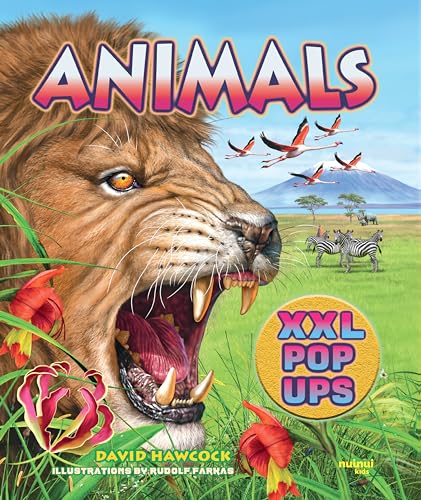 Pop-up book cover featuring a lion’s face, flamingos, and zebras.