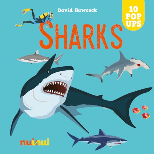 Book cover featuring illustrations of sharks, a diver, and colorful fish.