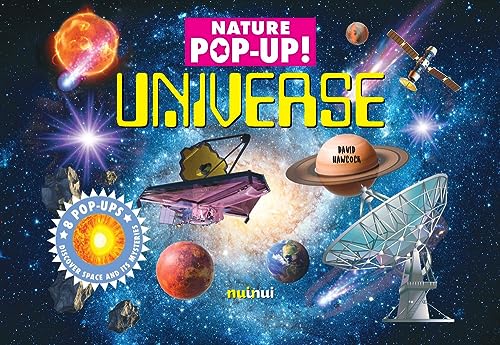Book cover showing planets, a space telescope, and a satellite against a starry background.