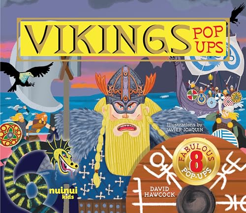 “Vikings Pop-Ups” book cover with a Viking warrior and ship illustration.