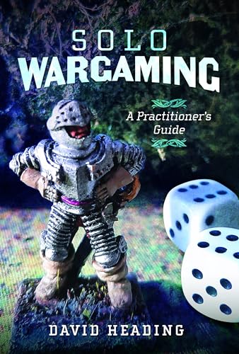 Book cover: "Solo Wargaming" with a knight miniature and dice.