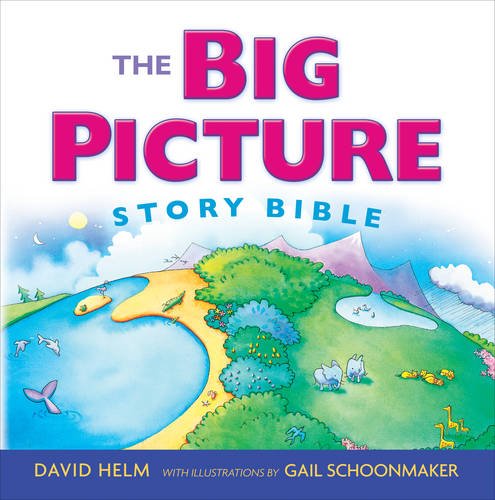 Children’s Bible cover with colorful illustrations of landscapes and animals.