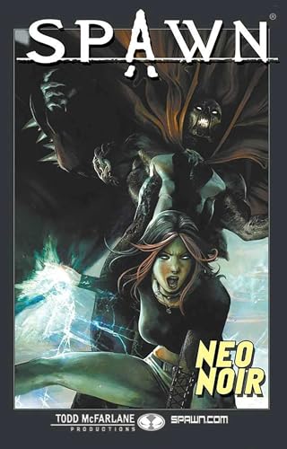 Spawn and a woman with glowing energy, dark comic book cover.