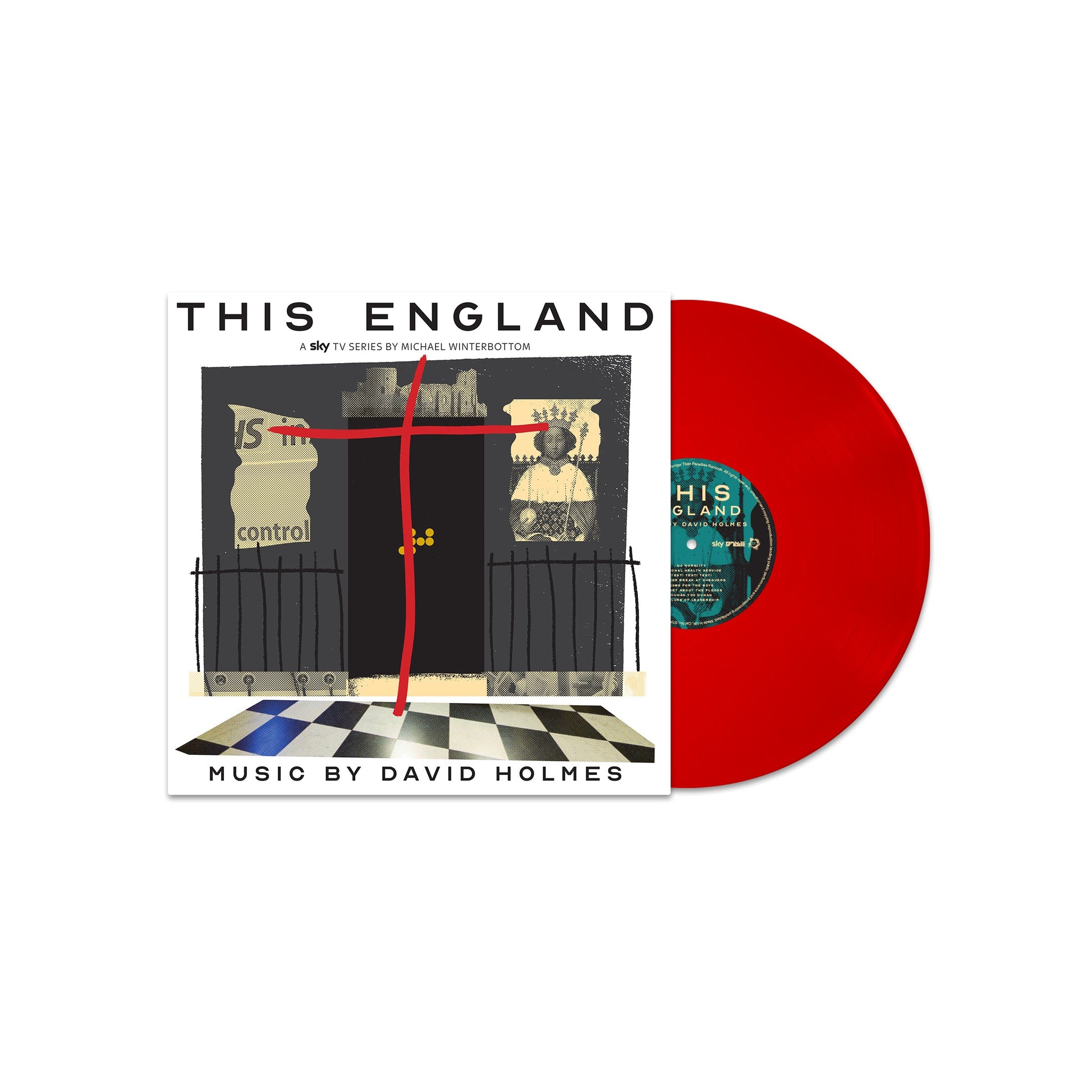 Red vinyl record with a white sleeve and abstract door artwork design.