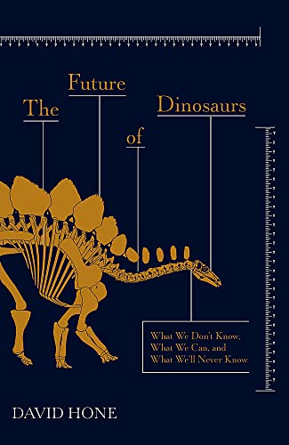 Book cover: golden dinosaur skeleton with measurements, dark blue background.
