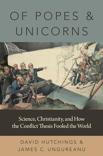 Book cover depicting 19th-century men observing a unicorn being lifted by chains.