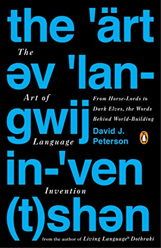 Book cover with blue text on black, featuring invented language examples.