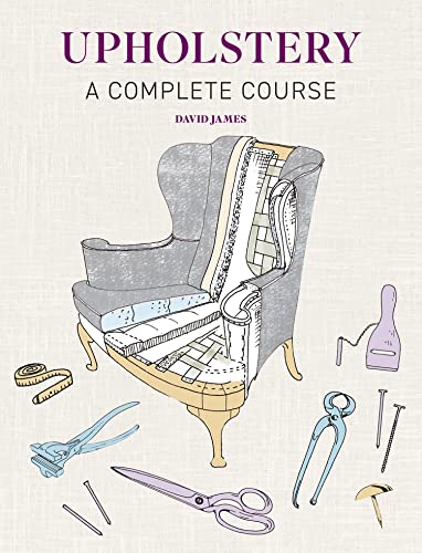 Book cover showing a wingback chair diagram surrounded by various upholstery tools and supplies.