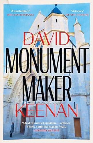 Book cover for "Monument Maker" with a church tower image.