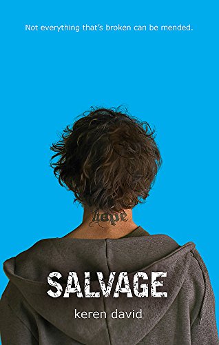 Book cover: person with curly hair and neck tattoo, blue background.