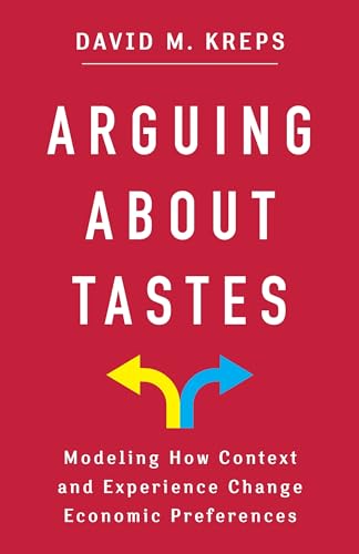 Red book cover with white text: "Arguing About Tastes" and yellow/blue arrows.