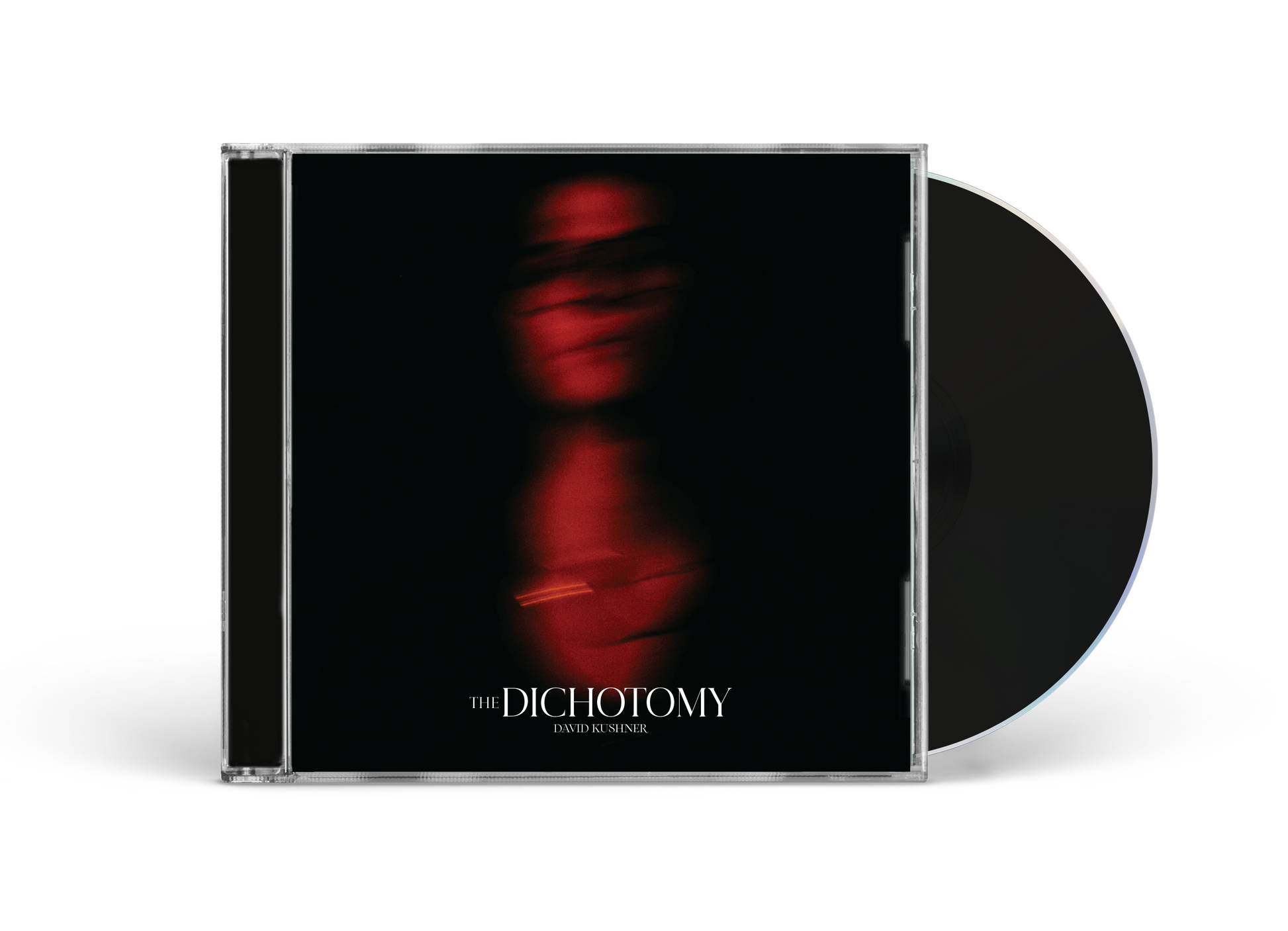 David Kushner’s “The Dichotomy” CD case with a blurred red figure.