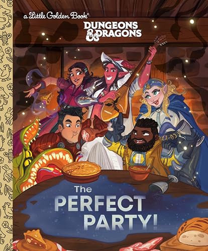Colorful illustration of diverse fantasy characters celebrating with food and music.