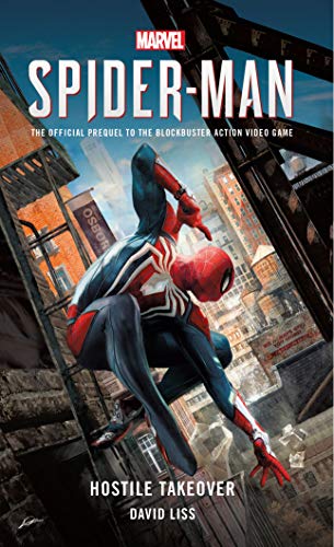 Spider-Man crouches on a fire escape against a New York City skyline background.