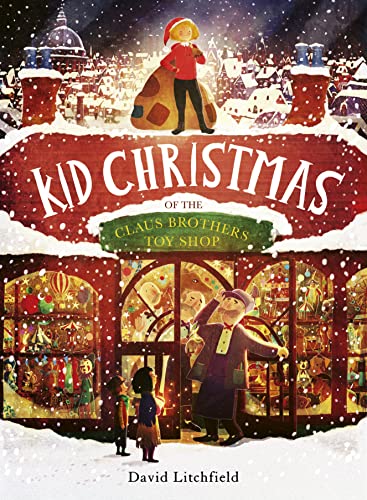 Book cover: "Kid Christmas" depicts a toy shop and snowy town.