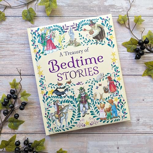 Yellow book cover, "A Treasury of Bedtime Stories," with illustrated fairytale characters.