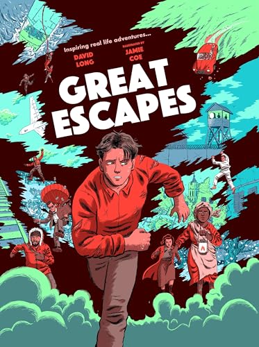 Book cover illustration of a person running, surrounded by various scenes of daring escapes.