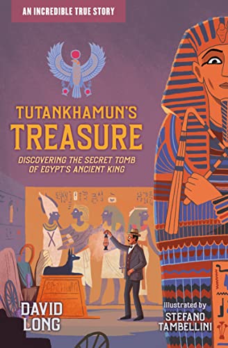 Book cover depicting Tutankhamun’s tomb discovery with a pharaoh’s face and explorer.