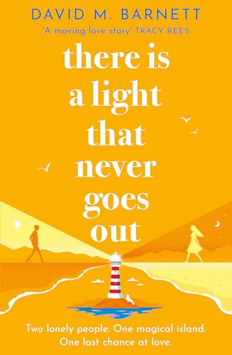 Book cover with orange background, a lighthouse, and silhouettes of a man and woman.