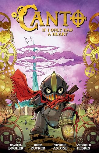 Robot with red scarf stands in a fantastical, gear-filled landscape.