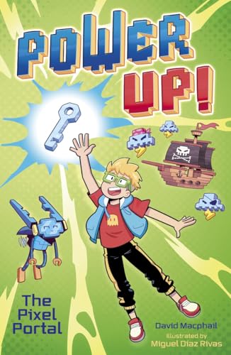 Book cover: boy reaching for a key, robots, and a pirate ship.