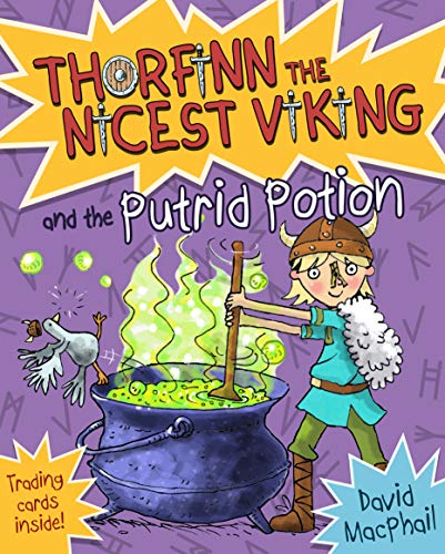 Book cover: Viking boy stirs a glowing green potion with a seagull.