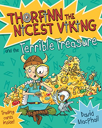 A Viking boy with a magnifying glass sits before a pile of golden treasure.