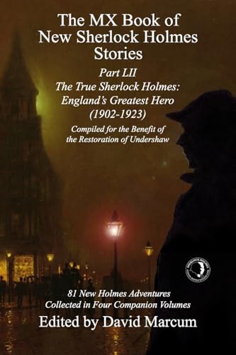 Book cover featuring Sherlock Holmes silhouette and London street scene.