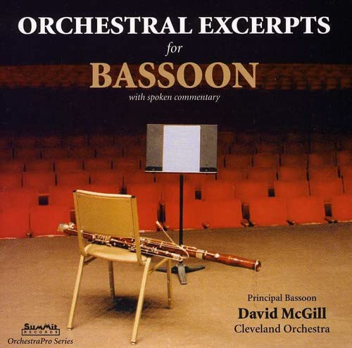 CD cover: bassoon resting on chair in an empty concert hall.