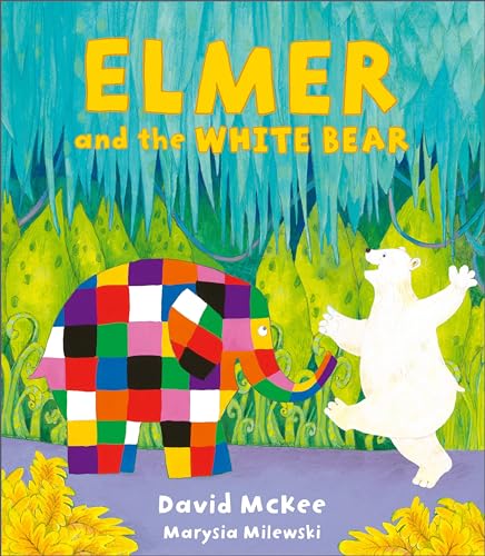 Elmer the patchwork elephant and a white polar bear standing in a green forest.