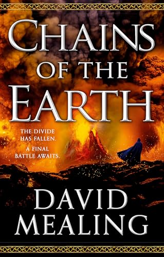 Book cover: "Chains of the Earth" with volcanic landscape and figure.