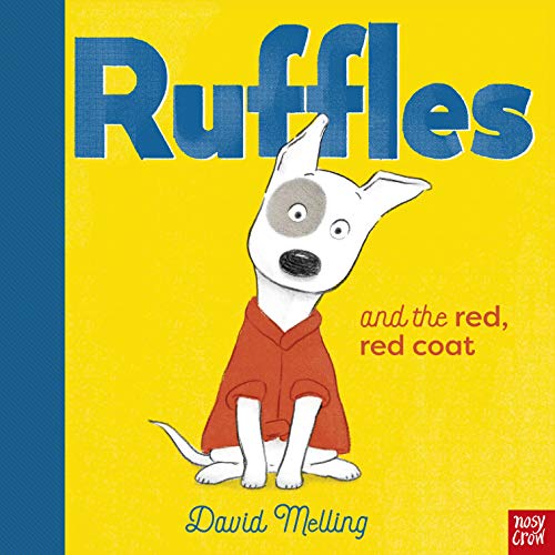 Book cover featuring a white dog wearing a red coat against a yellow background.