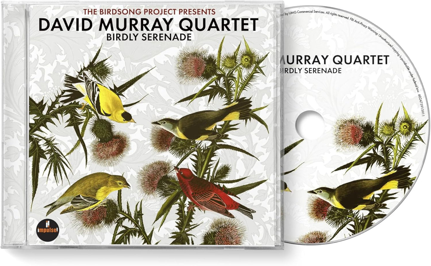 CD case and disc for David Murray Quartet’s “Birdly Serenade” with bird illustrations.
