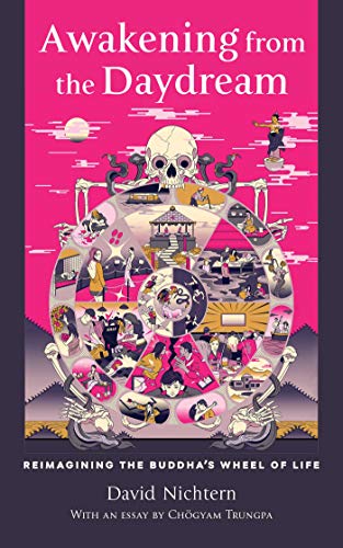 Book cover: colorful wheel of life illustration with skull and skeletons.