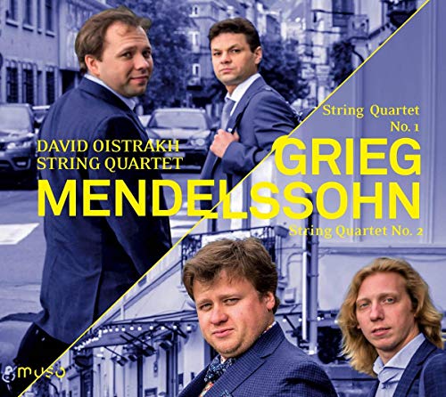 CD cover featuring four musicians and composers' names, Grieg and Mendelssohn.