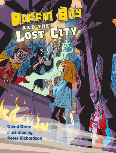 Book cover: “Boffin Boy and the Lost City” with cartoon characters.