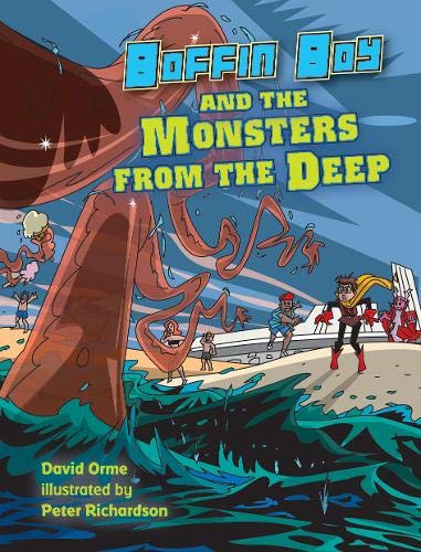 Book cover: Boffin Boy faces tentacled monsters at the seaside.