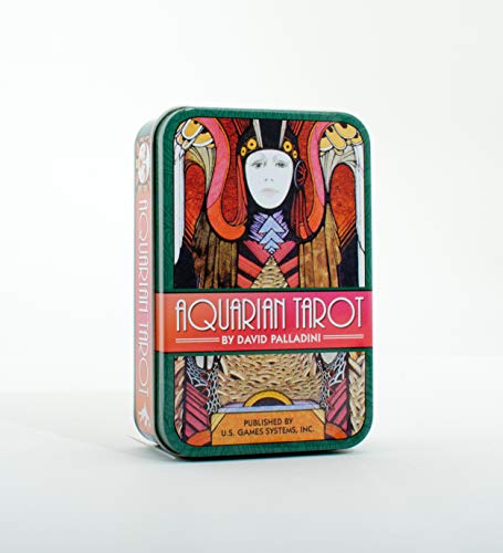 Green tin containing the "Aquarian Tarot" deck with illustrated artwork.